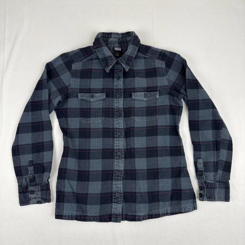 Patagonia Organic Cotton Womens Sz 6 Blue Plaid Fjord Flannel Shirt Outdoors